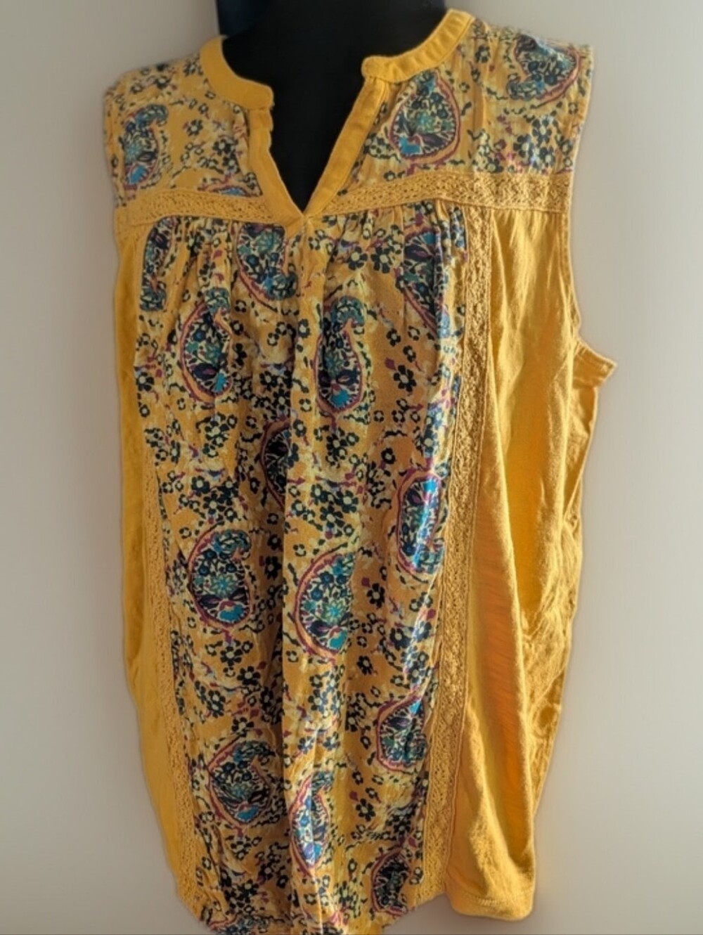 St. John's Bay Mustard Yellow Sleeveless Paisley Panel Top